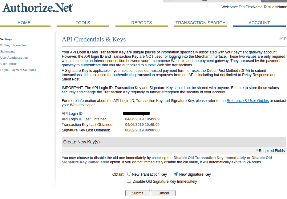 Authorize.Net portal API credentials
