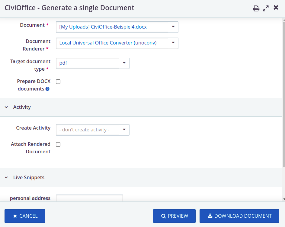 CiviOffice generate single document