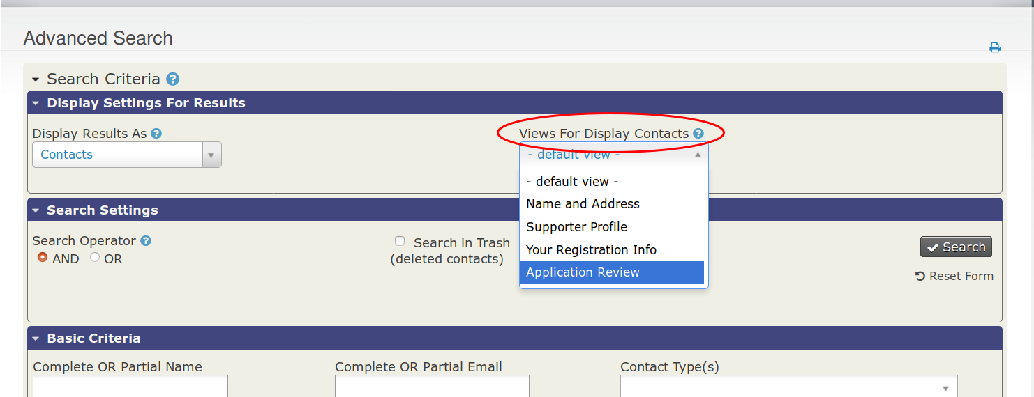 Screenshot of Advanced Search's "Views for Display Contacts"