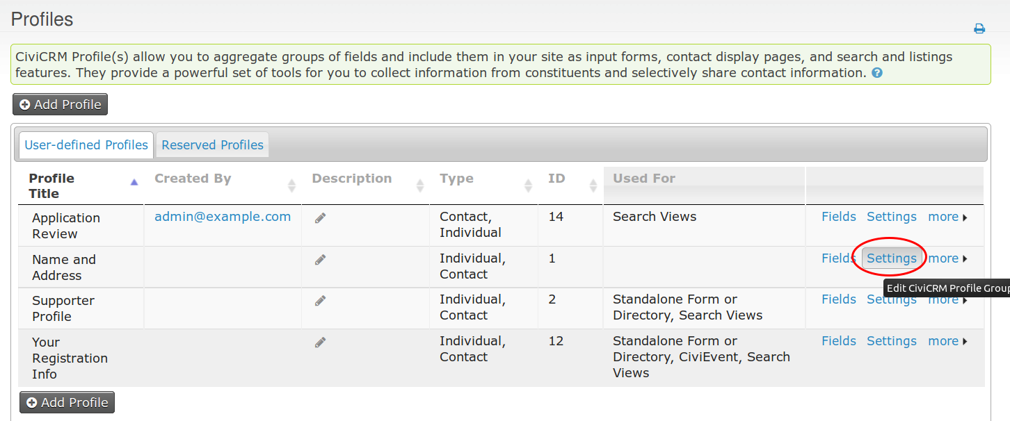 Screenshot of "Profiles" menu showing "Settings" link