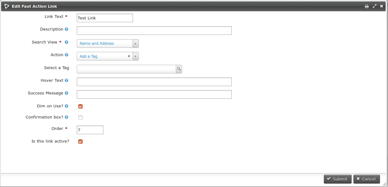 Screenshot of "New Fast Action Link" configured as described