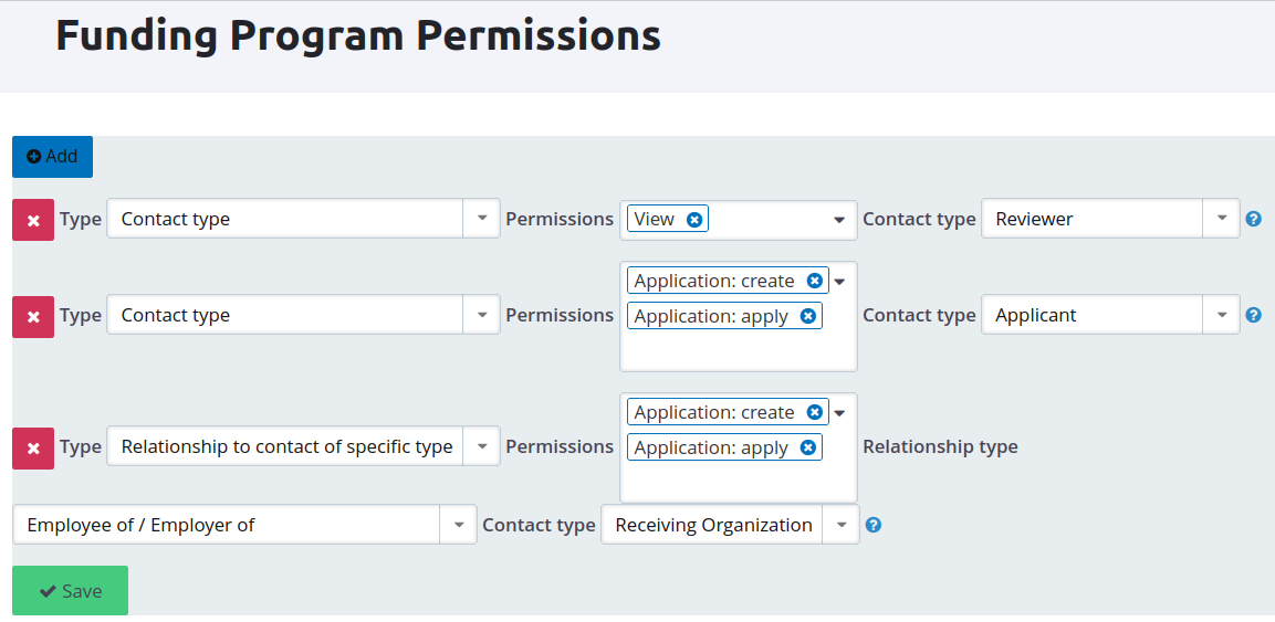 "Example configuration of permissions on funding program level"