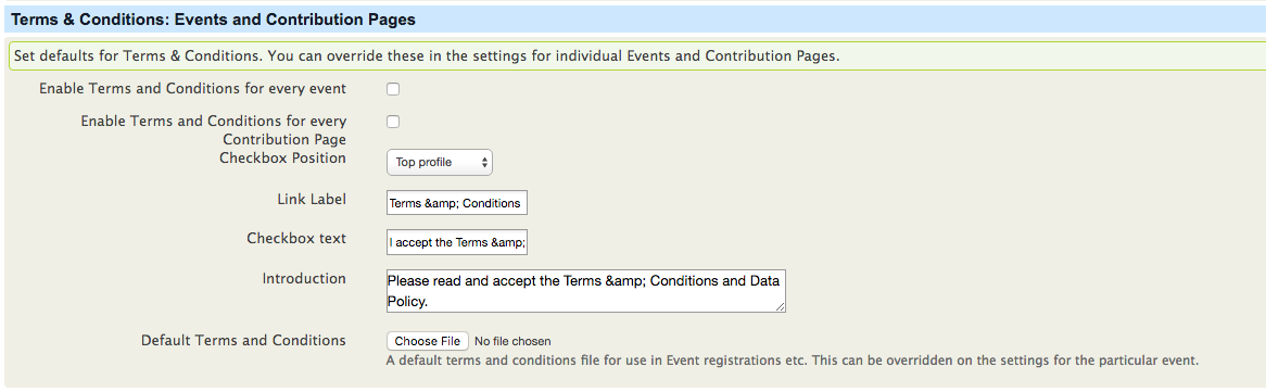 Terms & Conditions: Events and Contribution Pages screenshot