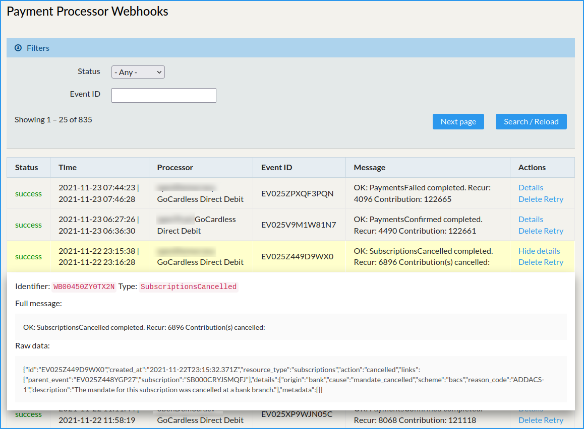 screenshot of CiviCRM webhook overview