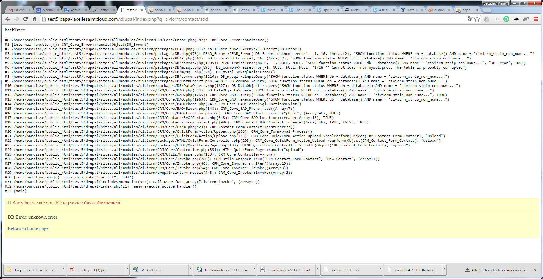 Fatal error screenshot with debug/backtrace enabled