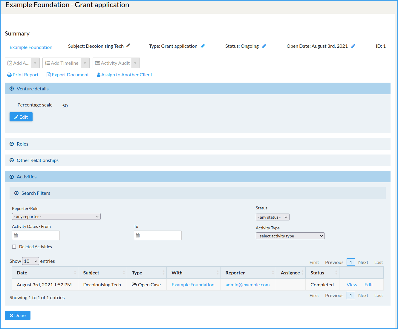 screenshot of the grant application