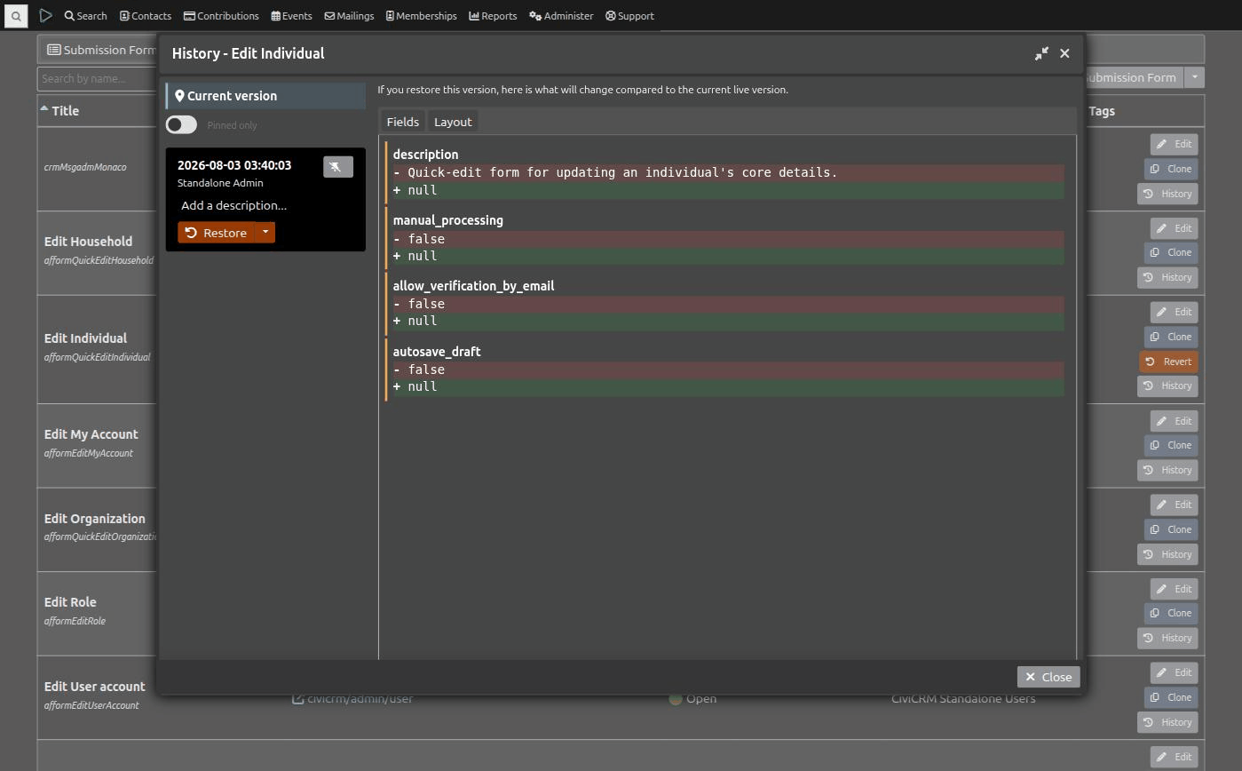 History dialog showing a Fields diff for a FormBuilder form