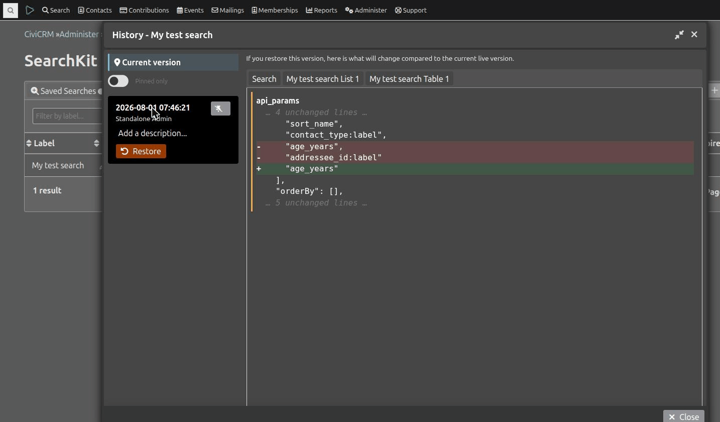 History dialog showing a diff between two versions of a SearchKit search, with a tab per changed display