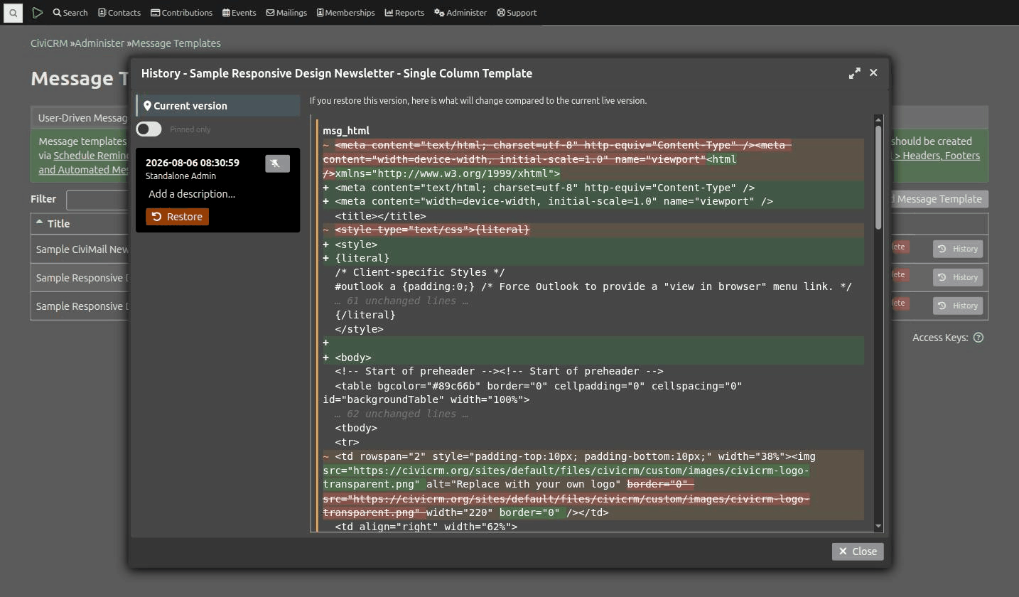 History dialog showing a diff for a Message Template, with individual changed words highlighted inline
