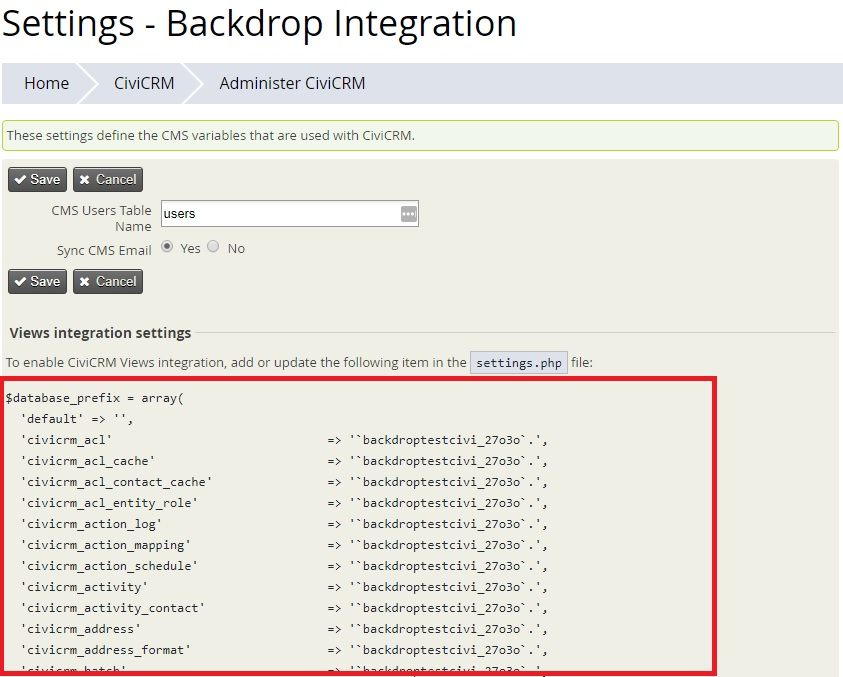 Screenshot showing the "Integration" page, with output of settings to be placed into settings.php
