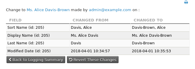 Screenshot of report showing field differences within one update