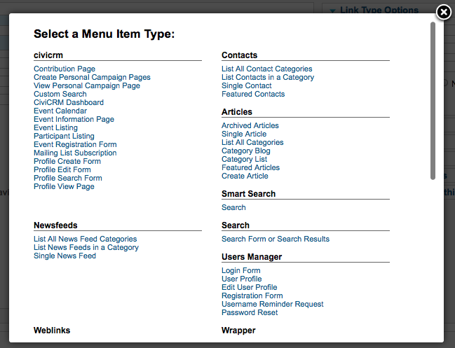 Screenshot demonstrating the CiviCRM options when adding a new menu item