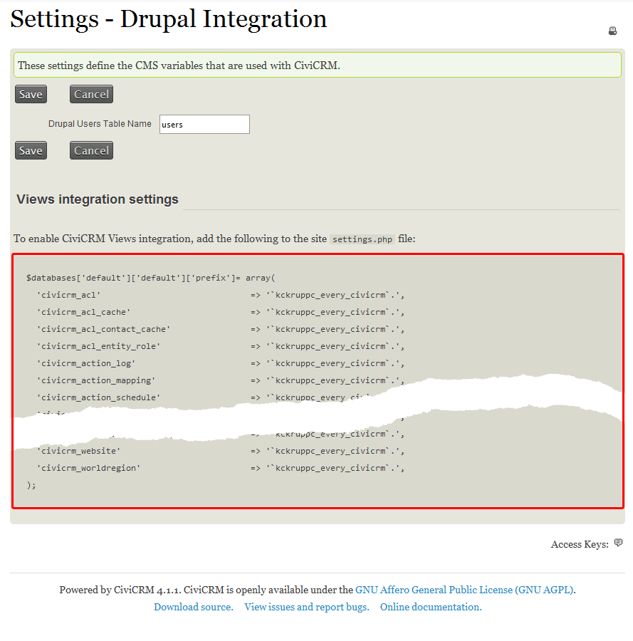Screenshot showing the "Drupal Integration" page, with output of settings to be placed into settings.php
