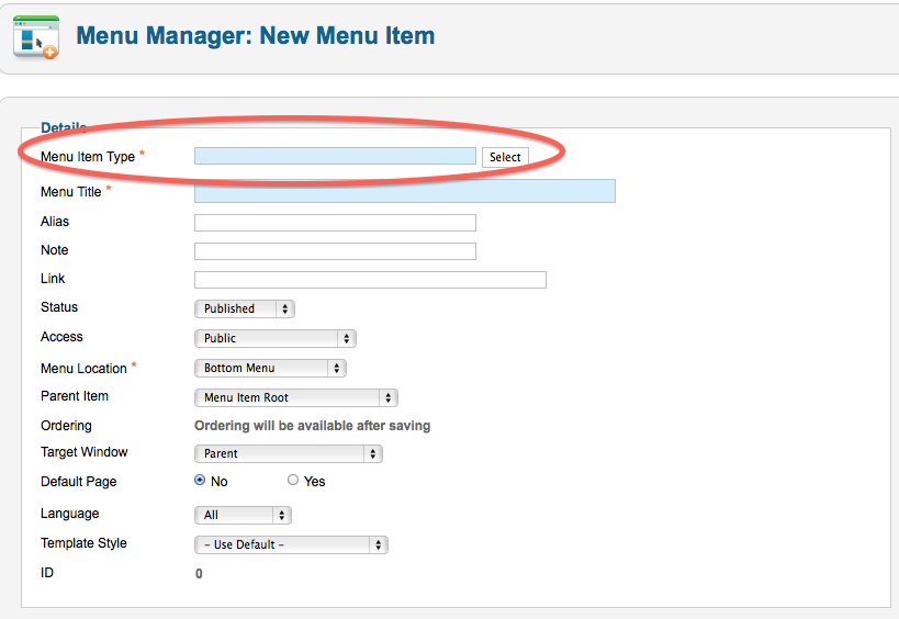 Screenshot demonstrating the "New menu item" page. "Menu Item Type" is the first field on the page.