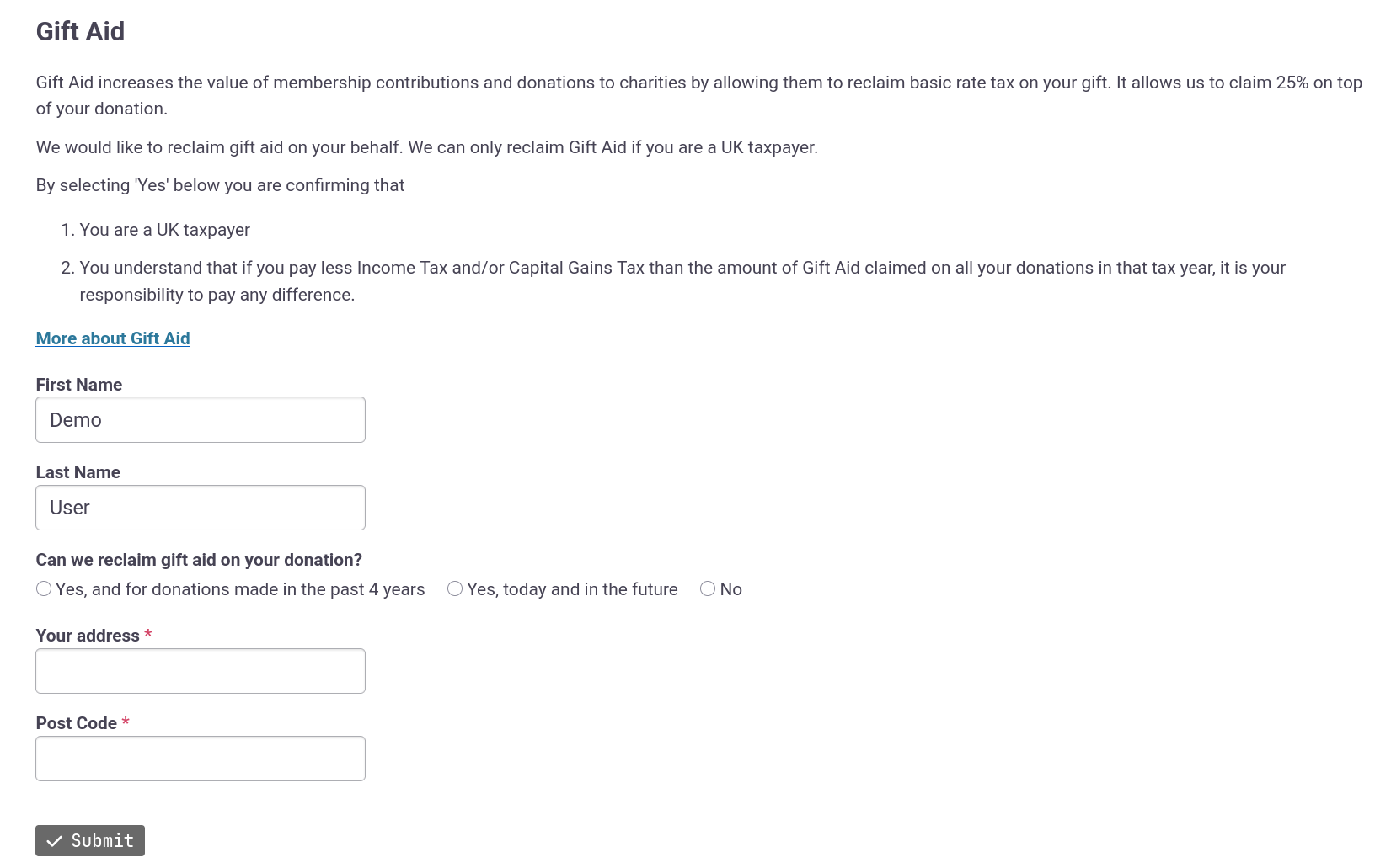 Gift Aid Declaration form