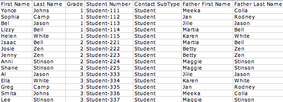 spreadsheet with first name, last name, grade, student number, etc.