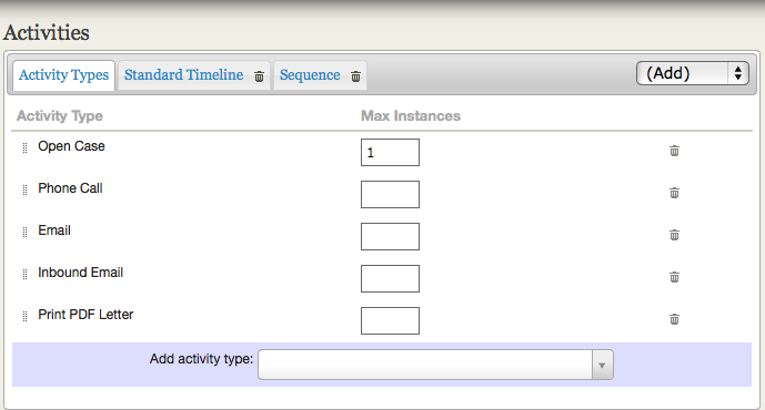 List of case activities with three tabs: activity types, standard timeline, sequence.