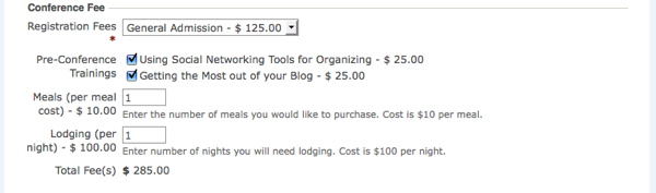 The page contains a listbox "Registration fees". This is a required field and contains "General admission $125". Then there are optional checkboxes for the pre-conference training and fields where you can enter a quantity for number of meals and number of nights.