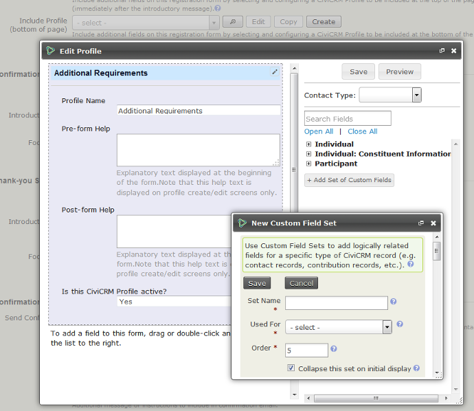 New custom field set form on top of the edit profile form.