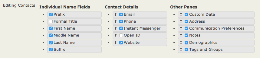 Display Preferences Editing Contacts