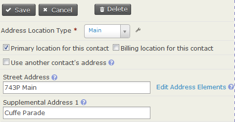 The link "Edit address elements" is next to the street address field.