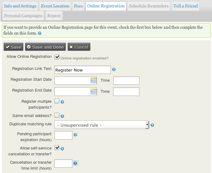 The fourth tab of the event form contains the online registration settings.