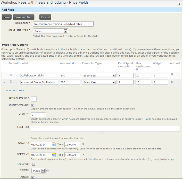 Example shows a price field "pre-conference training" with two price field options: collaborations skills and advanced group facilitation.