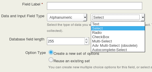 Screenshot of configuring input field type for a custom field, with the "Select" type chosen