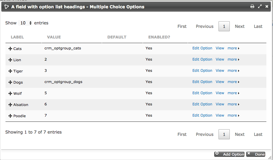 Screenshot of configuring select options by prefixing the "value" field in the heading options with "crm_optgroup_"