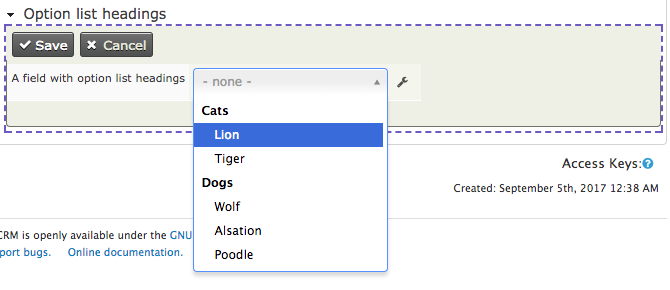 Screenshot of select element open with "Cats" and "Dogs" displaying headings and other options displaying beneath them