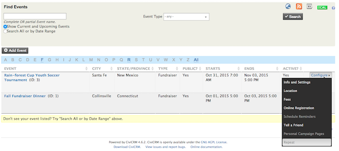 Manage events screen with two events, and the expanded context menu: info and settings, location, fees... and repeat.
