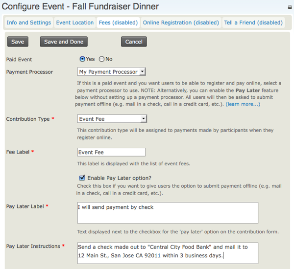 On the third tab of the configure event form, you can specify if it's a paid event.