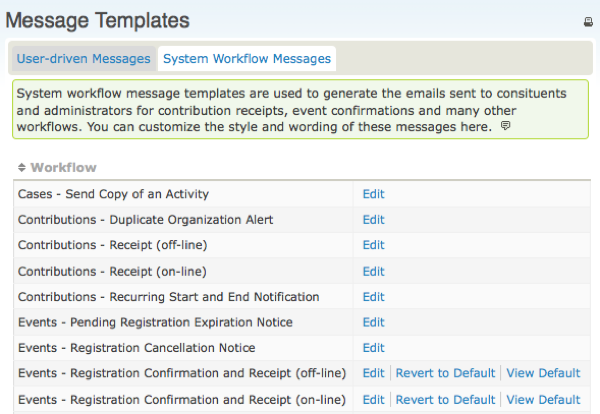 List of message templates with two tabs. The second tab is for System Workflow Messages.
