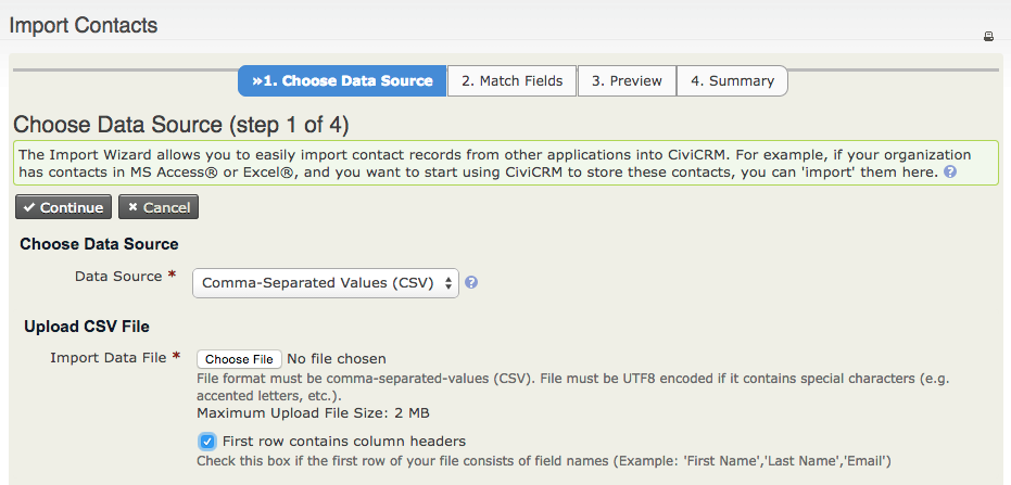 Import contacts form with with tab "1. Choose Data Source" highlighted.