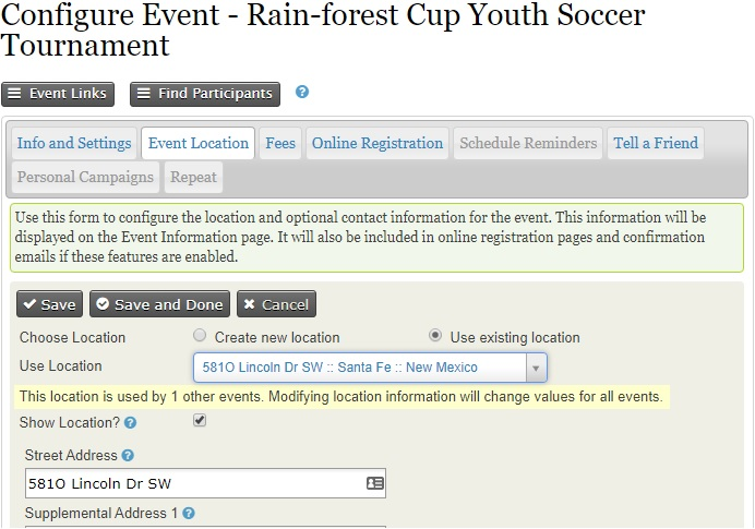 Configure event form. The second tab is the event location.