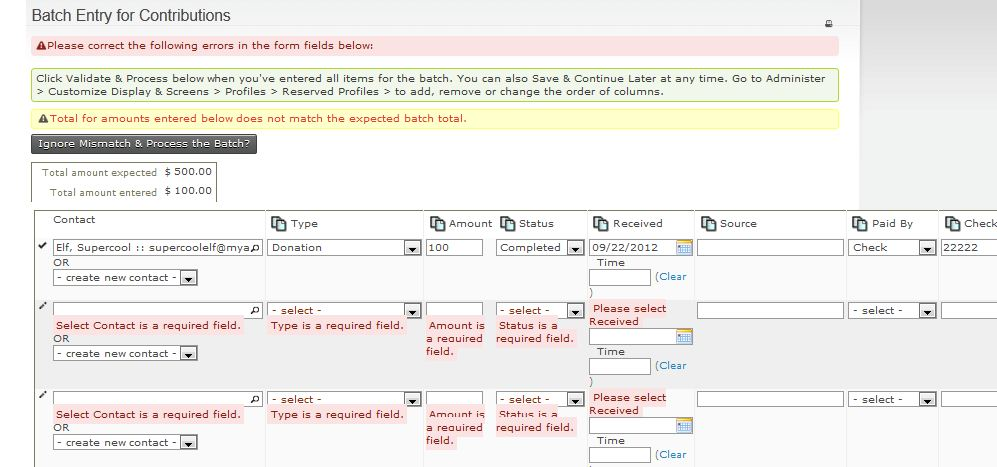 Batch entry form with validation errors.