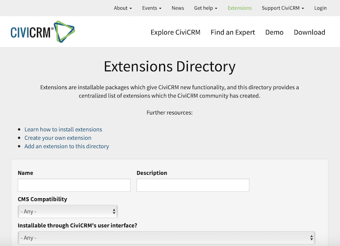 screenshot of CiviCRM.org Extensions page
