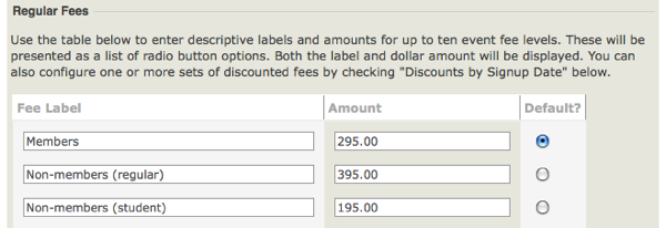 The example shows three different fees: one for members, one for non-member students, and one for regular non-members.