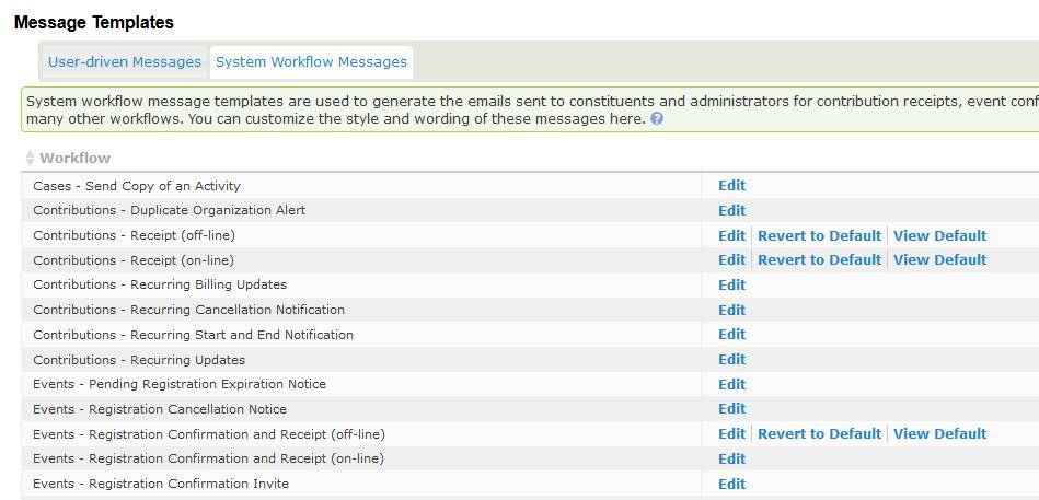 Screenshot of the System Workflow Message Template list showing that some templates have been customized because they have "Revert to Default" links next to them