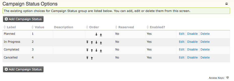 overview of campaign statuses. Column headers are: label, value, description, order, reserved (yes or no), enabled (yes or no)