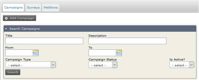 Campaign Search Criteria: title, description, from date, to date, campaign type, campaign status, is active?