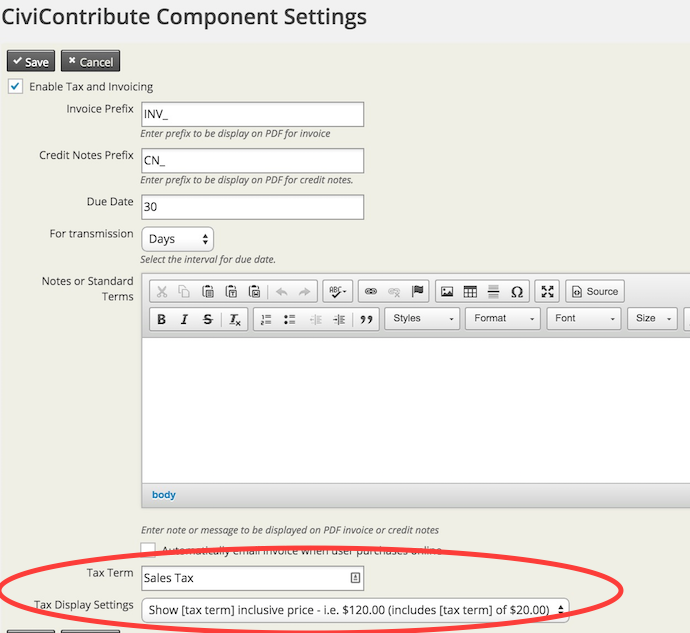 CiviContribute Component settings with the tax term listbox at the bottom.