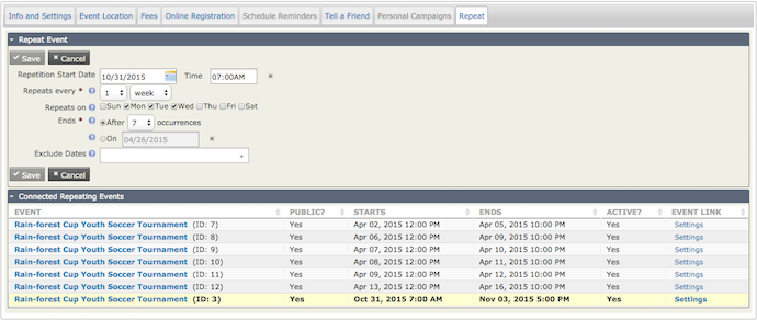 "Repeat" tab of an event. The event is set to end after 7 occurences. The section "Connected Repeated Events" lists the 7 occurences with their respective event id, start date, end date...