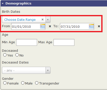Screen shot of Date Range Filter