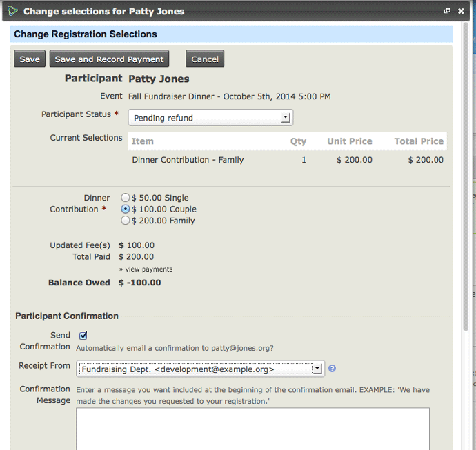 Change registration selections form.