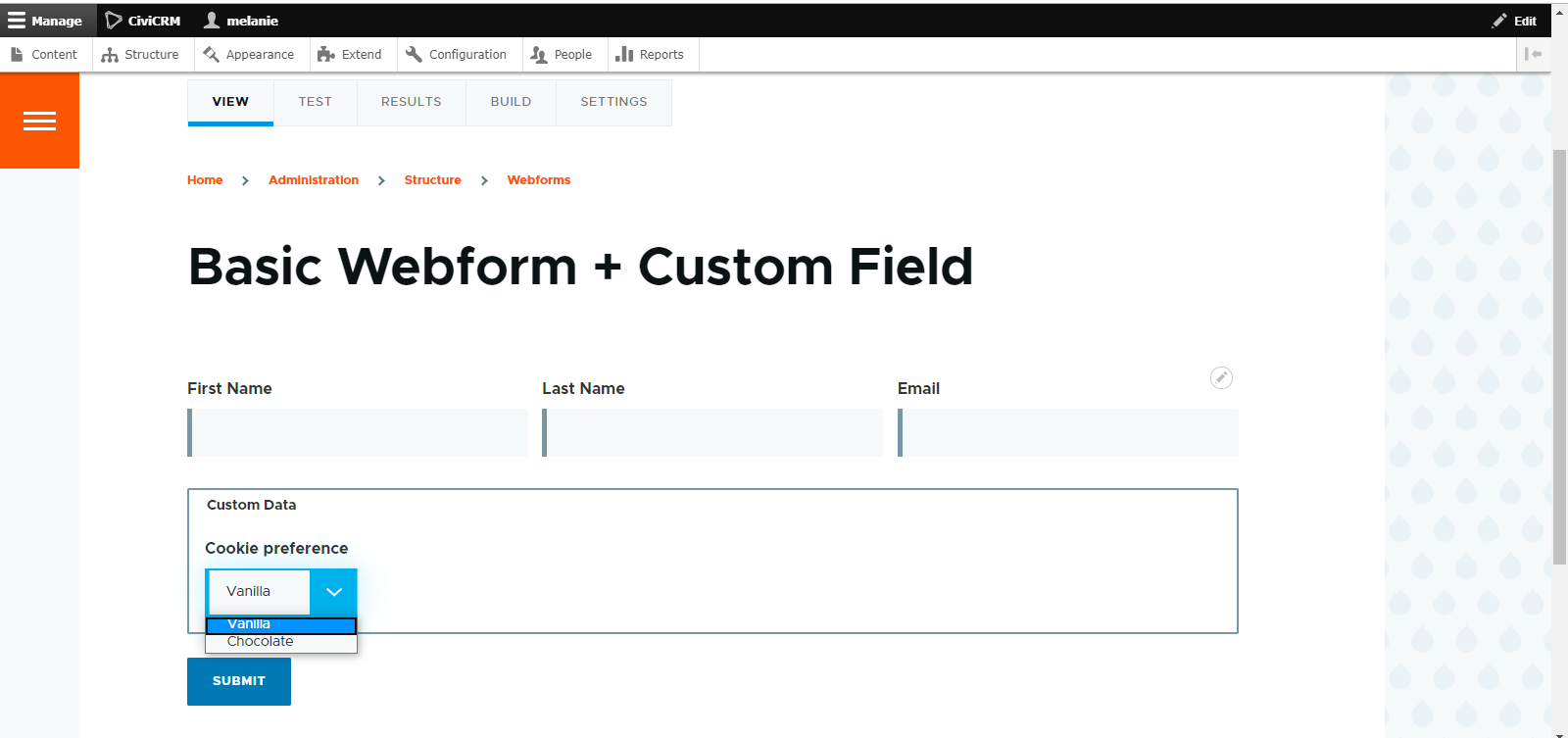alt screenshot of basic webform custom field dropdown view