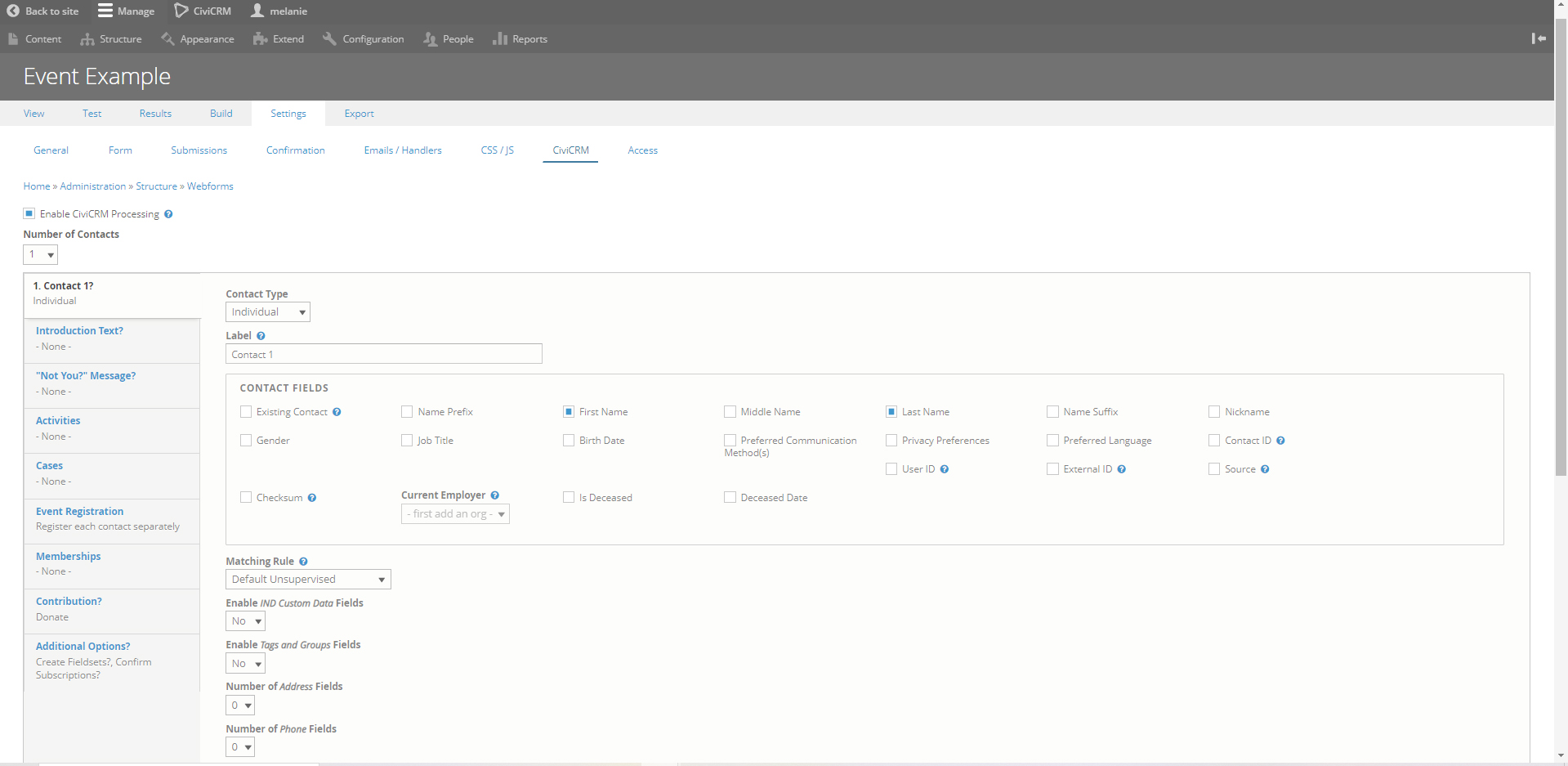 alt screenshot of Civi webform settings