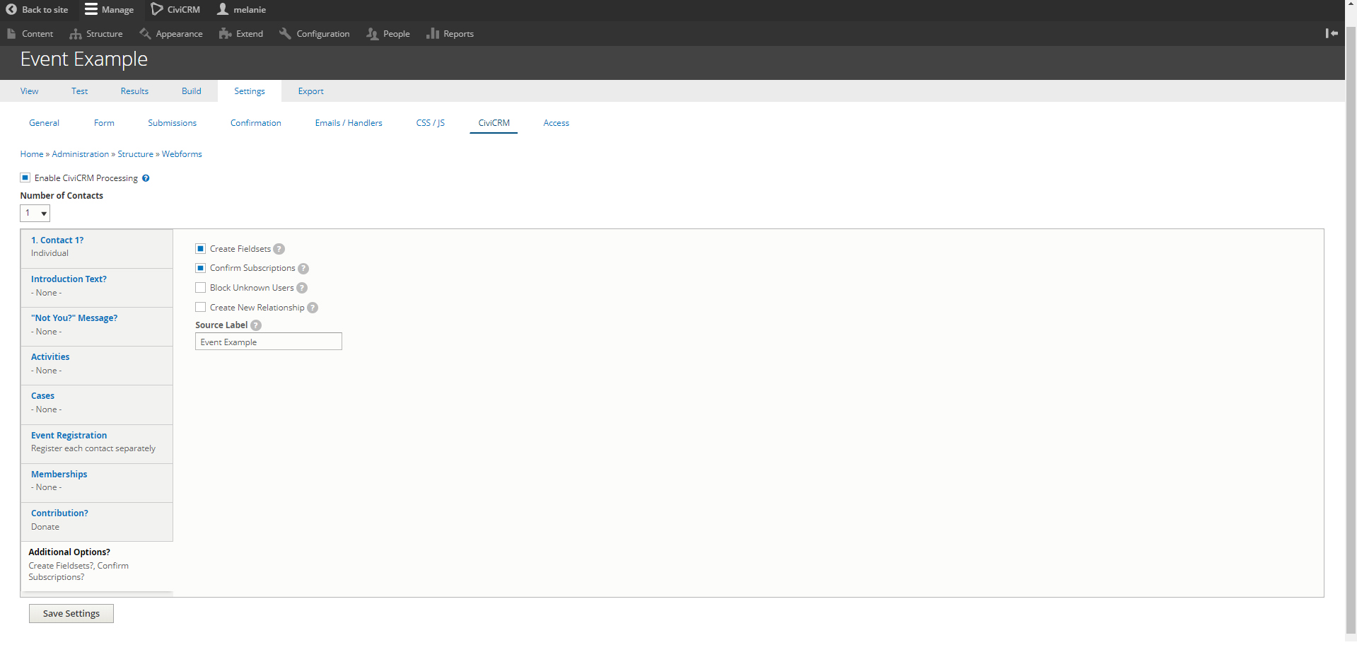 alt screenshot of Additional Options webform settings