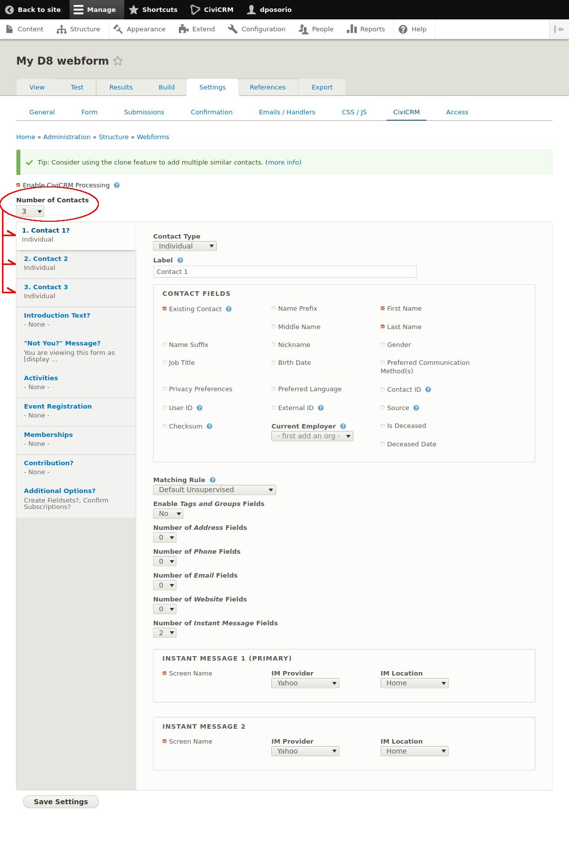 alt screenshot of webform civicrm settings page