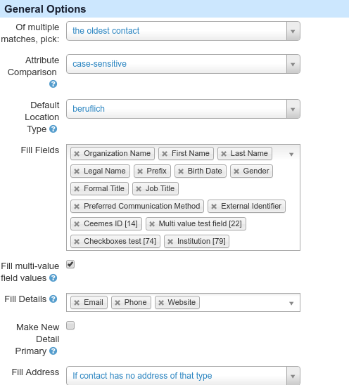 Extended Contact Matcher (XCM) configuration form - General options